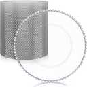 MAONAME 50 PCS Clear Charger Plates Bulk, 13" Plastic Round Beaded Chargers with Silver Rim, Frosted Grain Plate Chargers for Wedding, Party Event, Large