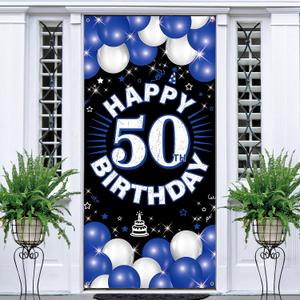 Happy 50th Birthday Decorations for Men & Women, Blue Fabric Banner Backdrop for 50 Year Old Birthday Party, Photo Booth Props, Yard Sign, Cake Table Decor, Door or Entrance Sign