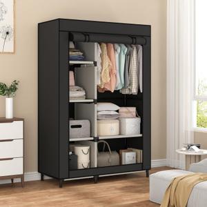 Calmootey Portable Closet Organizers, Clothing Storage, Wardrobe with 6 Shelves and Hanging Rod, Non-Woven Fabric Cover with 4 Side Pockets, Black