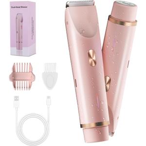 2-in-1 Bikini Trimmer for Women, Bikini Shaver with Dual Heads, Body and Facial Hair Removal, Rechargeable Cordless Electric Razors for Face Chin Pubic Underarm Legs, IPX7 Waterproof, Pink