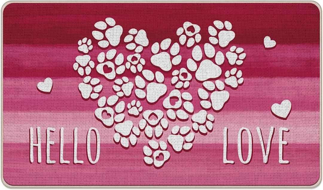 Valentines Day Pink Welcome Front Door Mat, Hello Love Hearts Paw Prints Decorative Doormat Non-Slip Floor Entryway Rug, Anniversary Wedding Indoor Outdoor Home Kitchen Decoration 17x29 Inches