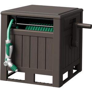 Flamaker Heavy-Duty Garden Hose Reel Hideaway, Resin Hose Storage Cabinet Outdoor with Easy-wind Handle, Waterproof & 5/8'' Hose,170FT Capacity (Brown)