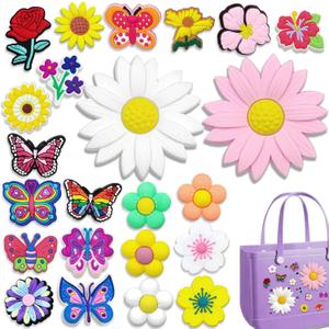 Beach Charms for Bogg Bag Accessories, Exquisite DIY Flower & Butterfly Sunshine Charms Universal Fit for Bogg Bag & Totes, Best Gift for Womens Beach Bag Personalization, Easy Install