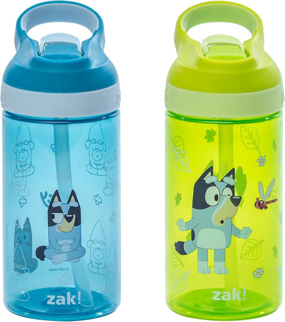 Zak Designs Bluey Atlantic Kids Water Bottle For School or Travel, 16oz Durable Plastic Water Bottle With Straw, Handle, and Leak-Proof, Pop-Up Spout Cover, 2-Pack (Bluey, Bingo)