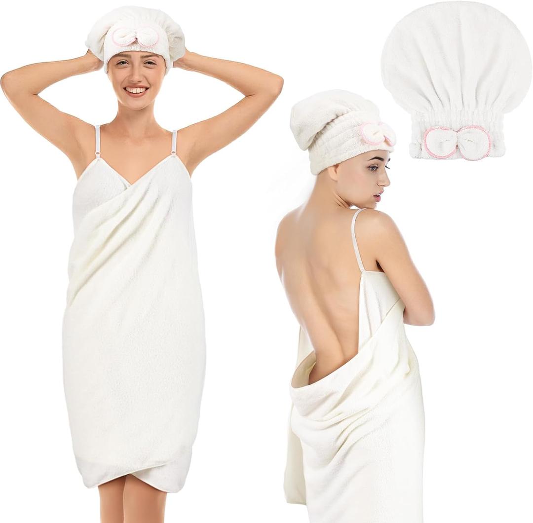 Lounsweer Women Wrap Towel and Hair Drying Towel Set Wearable Halter Bath Robe with Adjustable Strap Body Sling Bathrobe Dress After Shower Absorbent Wet Hair Wrap for Women Shower(White)