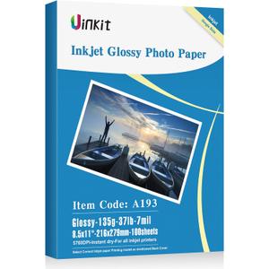 Uinkit 37lb Thin Flyer Paper Glossy 8.5x11 Inkjet 100 Sheets Single Side DIY Chip Bag 135gsm Printer Picture for Inkjet Printer with Dye Ink Letter size A4 Brochure (8.5X11X100)