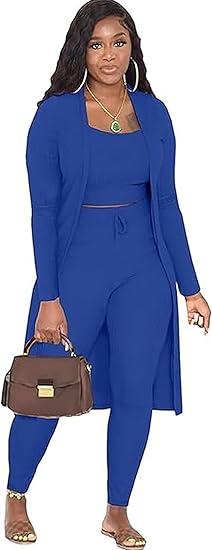 Womens 3 Piece Lounge Set Pajamas Set Long Cardigan Crop Tank Drawstring Pants Loungewear Outfits, 2XL