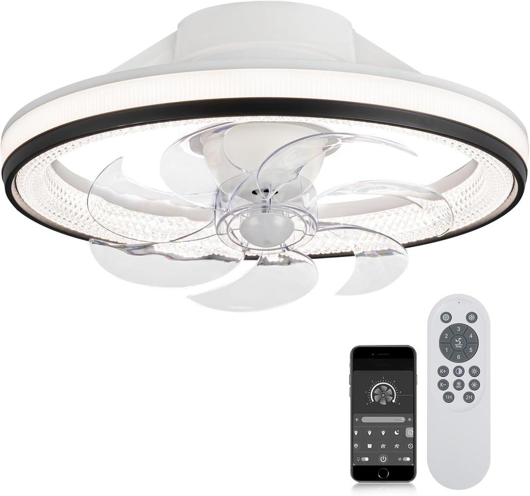 Enclosed Ceiling Fans with Lights,Flush Mount Modern Ceiling Fan and Remote Control,18.89 in Fandelier Ceiling Fan with Light,3000K-6500K Dimmable LED Fan Light-016