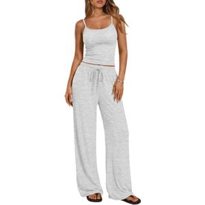 Trendy Queen Women's 2 Piece Lounge Set Summer Outfits - Camisole Top & Wide Leg Pants (Gray, L)