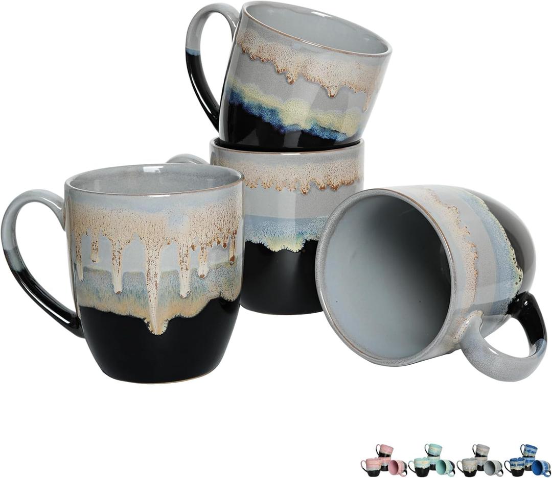 Bosmarlin Ceramic Coffee Mug Set of 4, 17 Oz, Coffee Cups with Big Handle, Microwave Safe, Unique Reactive Glaze (17 Oz, Grey) (Gray)