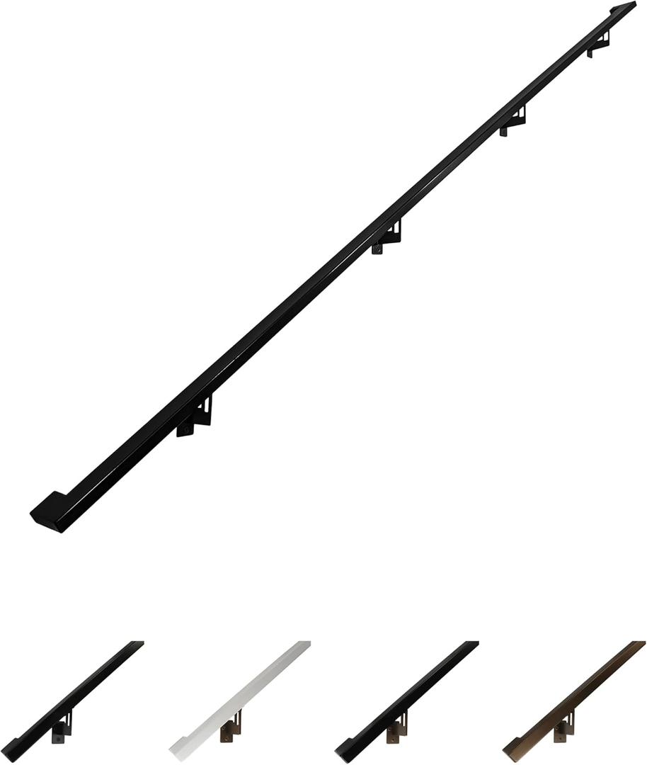 Modern Aluminum Handrail Grab Bar Kit, Adjustable Steel Brackets Included, Returns to Wall, Powder Coated Finish (Black, 12 Foot Handrail Set)