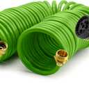 50 ft Coil Garden Hose with 7-Pattern Function Sprayer and Brass Connectors, Green