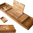 XcE Foldable Acacia Wood Bathtub Caddy Tray - Expandable to 40 Inches with Non-Slip Pads for Couples Luxury Bath