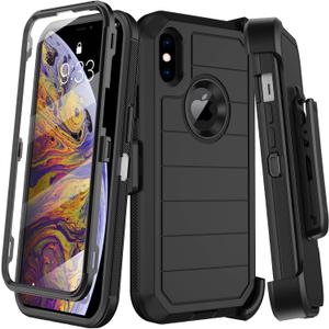 for iPhone X Case with Built-in Screen Protector, iPhone Xs Case Belt Clip Holster,Heavy Duty Shockproof Drop Protection Military Grade Rugged Full Body Phone Cover with Kickstand (Black)