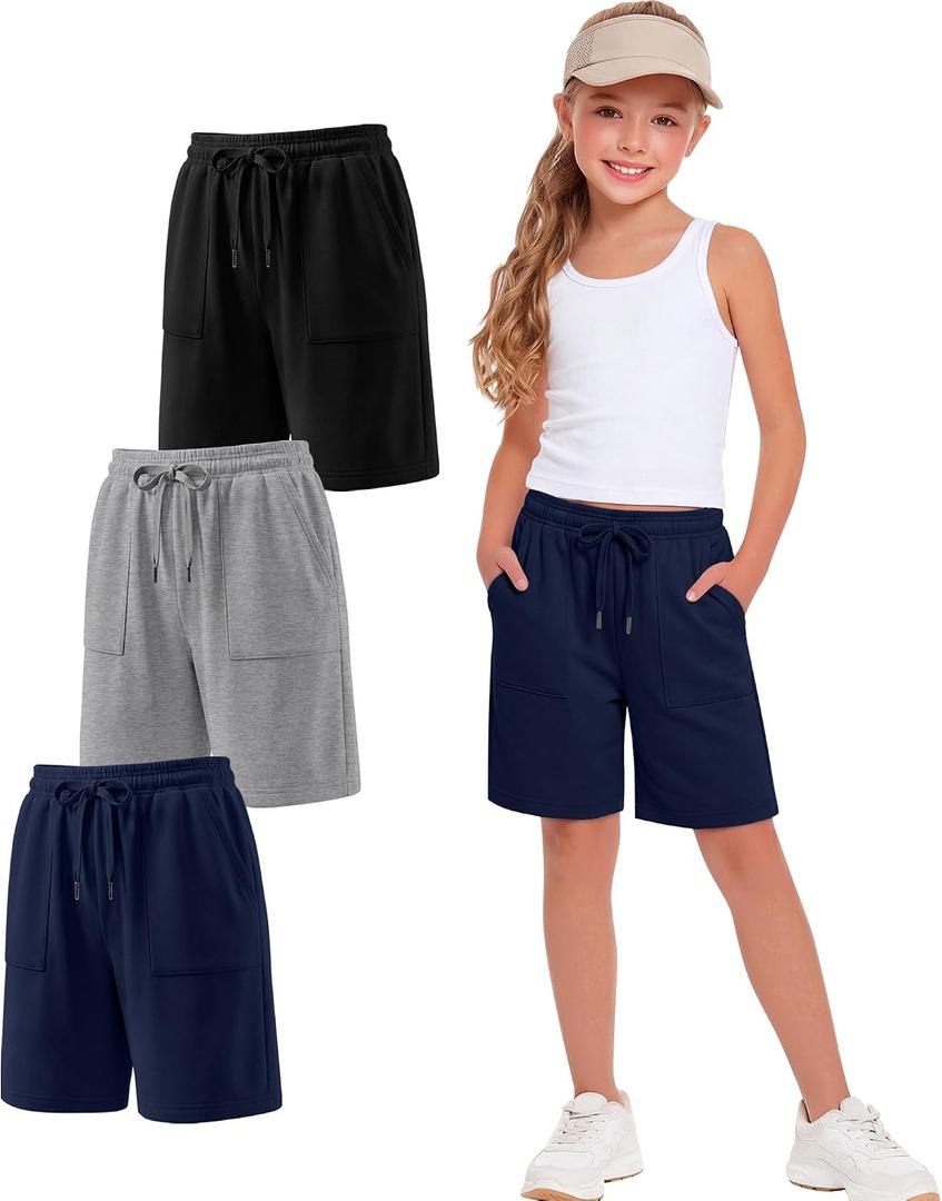 Xaatren 3 Pack Girls Bermuda Shorts | Knee Length Shorts, Long Shorts, Sweatshorts, for Kids 5-14 Years, Summer, Loose, Athletic, School, 2 Pockets, Drawstring