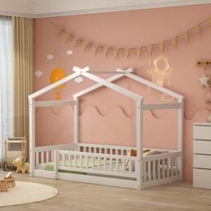 Harper & Bright Designs Twin House Bed with Safety Fences and Door, Solid Wood House Floor Bed Twin, Montessori Bed Frame for Boys, Girls, Playhouse Design & No Spring Box Needed, White