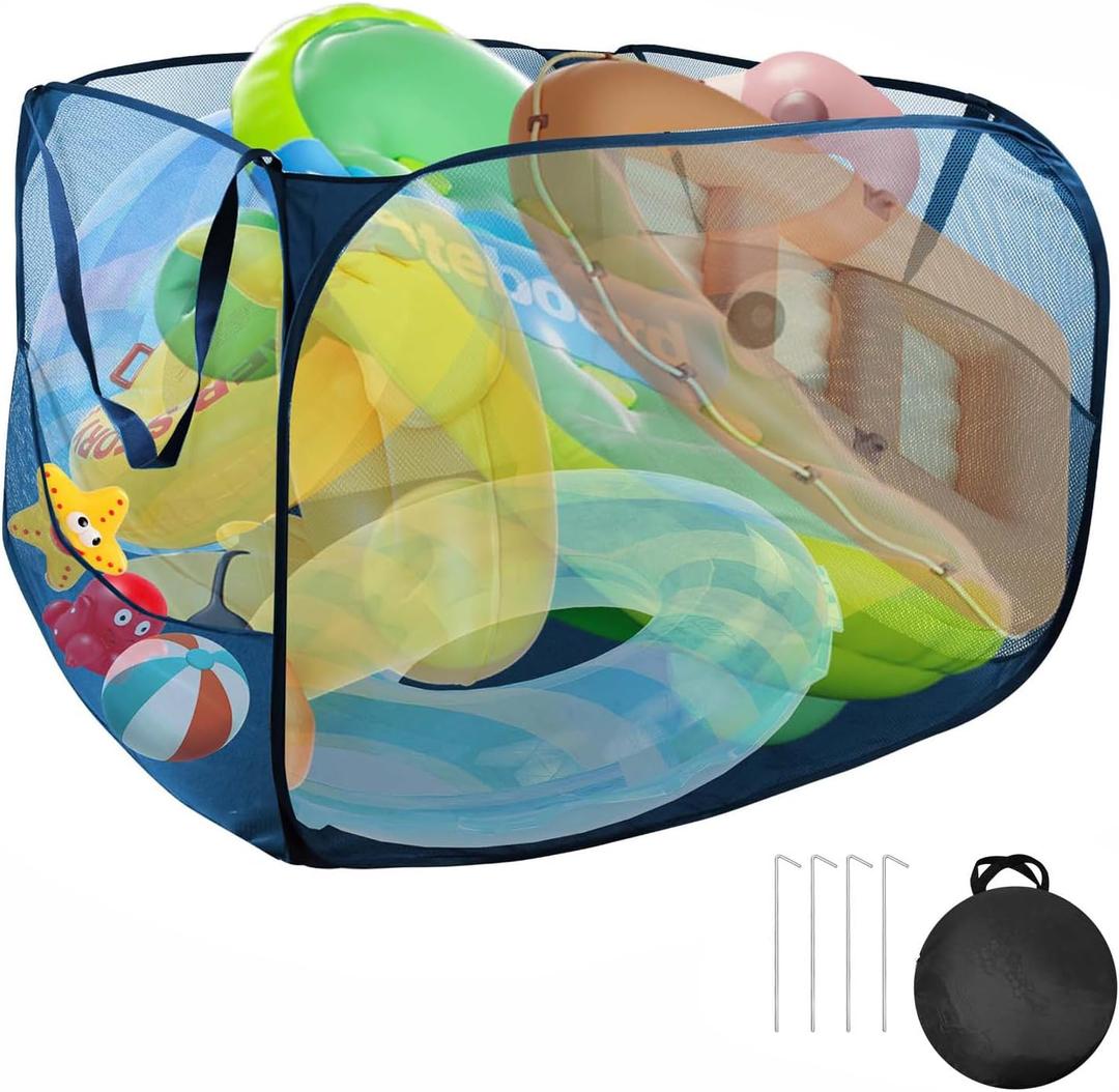 Large Pop up Pool Toy Storage Bin,47"X47"X30"Pool Float Organizer Bag with 2 Side Pockets Mesh Swimming Pool Toys Organizer with 4 Ground Nails for Inflatable Toys, Beach Ball and Pool Accessories