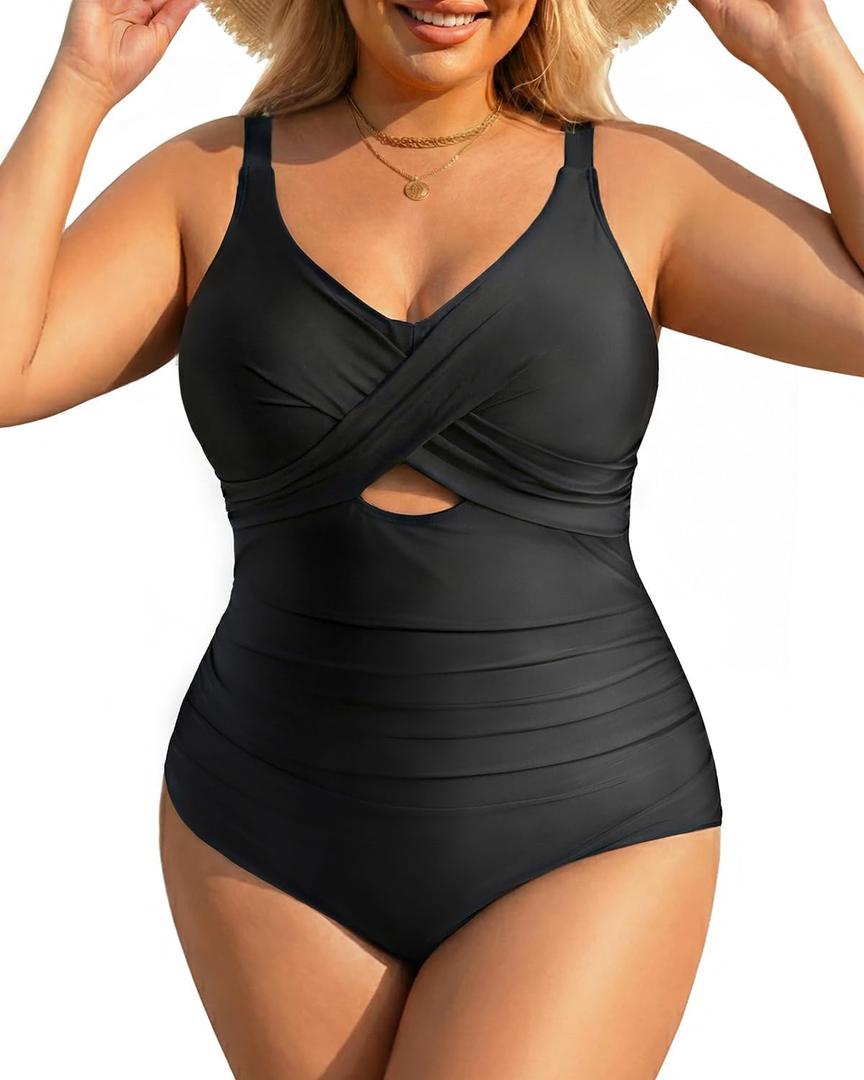 Daci Plus Size One Piece Swimsuits - Tummy Control Bathing Suit for Women Cutout Swimwear (Black), 14W