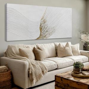 Hue7Art Contemporary White and Gold Abstract Canvas Wall Art Textured Line Design Minimalist Hand Painting Artwork for Living Room Bedroom Office Neutral Decor 29x58 Inch