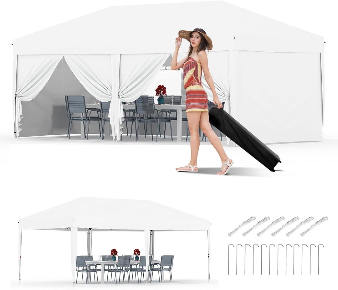 10x20 Pop Up Canopy with 6 Sidewalls - Heavy Duty Outdoor Canopy Tent with Portable Roller Bag - 3 Adjustable Height, 4 Weight Bags, 8 Stakes & 6 Guy Ropes Included, White