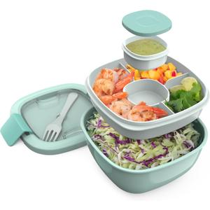 Bentgo Salad Container - 54 oz Bowl with 4-Compartment Toppings Tray, Leak-Proof Dressing Container, Reusable Fork, BPA-Free Lunch Box for Meal Prep & Food Storage; Removable Bento Tray (Coastal Aqua)