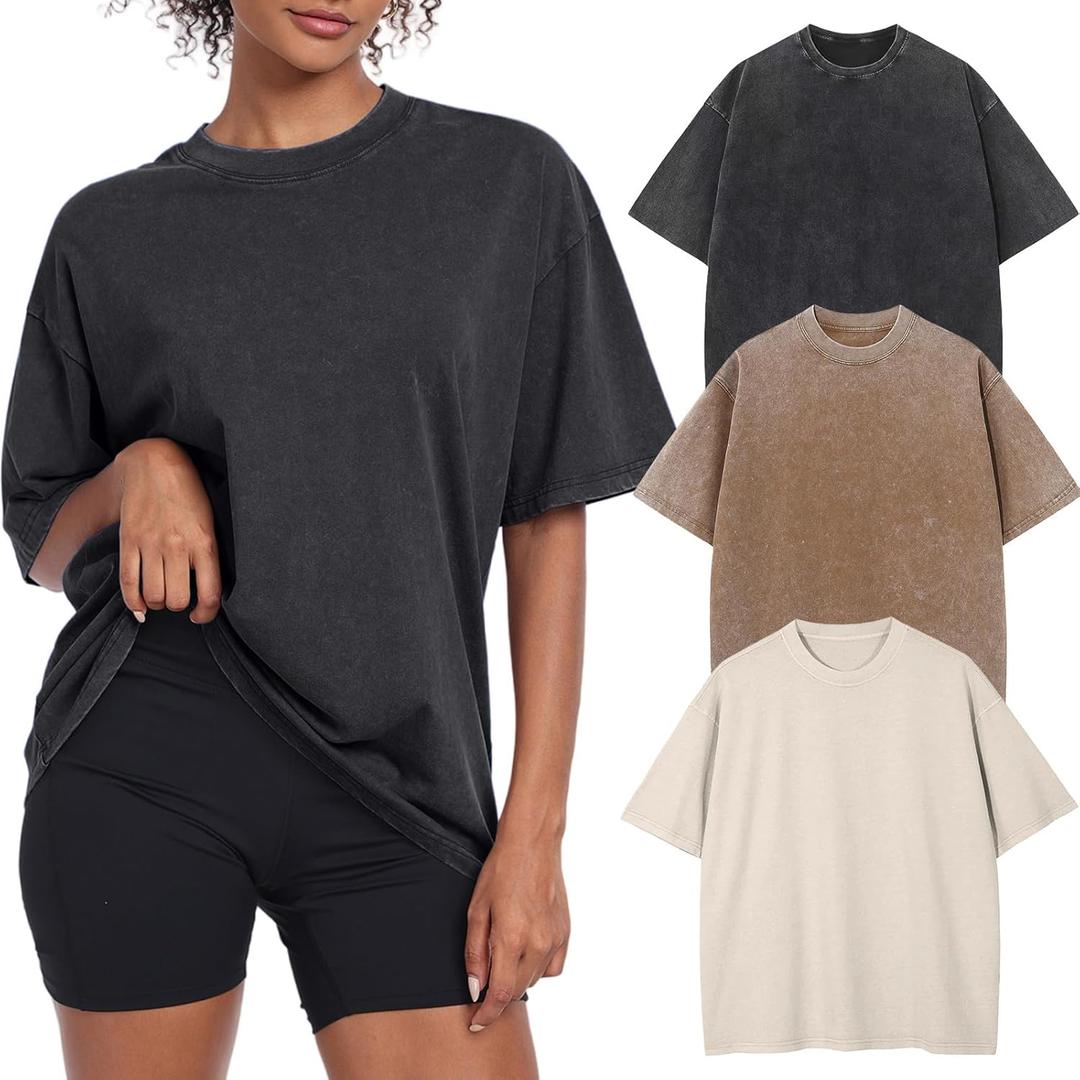 Womens Vintage Oversized T Shirts Acid Washed Baggy Cotton Tee Casual Workout Boyfriend Short Sleeve Tops (Large, Beige/Coffee/Black)