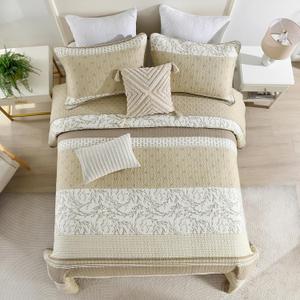 128"x120" Cotton Oversized King Bedspread Coverlet, Brown Beige Striped Quilt Set with Pillow Shams, Lightweight Farmhouse Reversible Quilted Bedspreads, All Season, 3 Piece