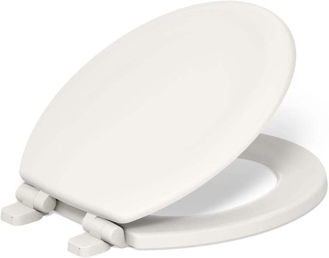 KOHLER Stonewood Quiet-Close, Round Toilet Seat Soft Close, Durable Wood, Easy Installation, Universal Fit, Home Essentials, Biscuit Finish, K-20467-96