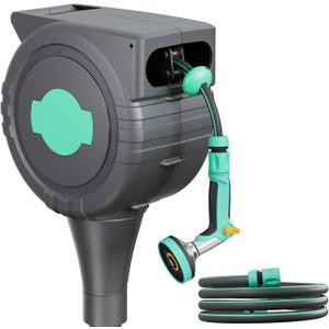 Retractable Garden Hose Reel 1/2" x 75 ft, Auto Garden Hose Reel on Metal Spike, Any Length Lock, Heavy Duty Wall & Ground Mounted Hose Reel with 6 Patterns Nozzle, Slow Return System 180/360 Swivel