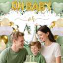 Sage Green Baby Shower Decorations Set- Sage Green Balloon Arch Kit, Pom Poms, OH BABY Banner, Backdrop, tablecloth for Gender Reveal Party Supplies