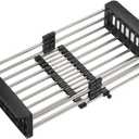 Dish Drying Rack, Stainless Steel Dish Drainer with Adjustable Arms Holder Functional Kitchen Sink Organizer for Vegetable and Fruit, Black Large