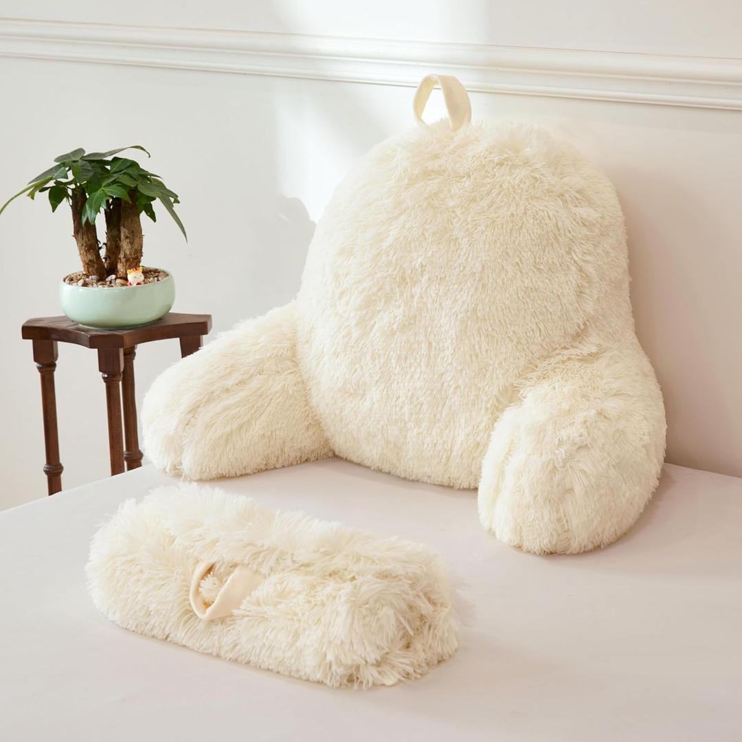 XeGe Faux Fur Reading Pillow Cover (No Filler), Fluffy Back Rest Pillow Case for Sitting in Bed, Adults Kids Shaggy Sit Up Back Support Study Pillow Cover with Arms Couch Chair Home Decoration, Beige (Large, Beige)
