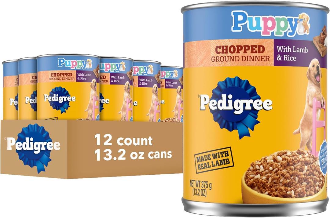Pedigree Puppy Chopped Ground Dinner Wet Puppy Food with Lamb & Rice, Canned Dog Food, 13.2 oz. Cans, 12 Count, No BB Date