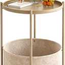 Small Round Side Table with Felt Storage Basket, Metal End Table with Removable Tray and Adjustable Feet, Accent Table for Nursery, Bedroom, Living Room, Laundry Room, Gold