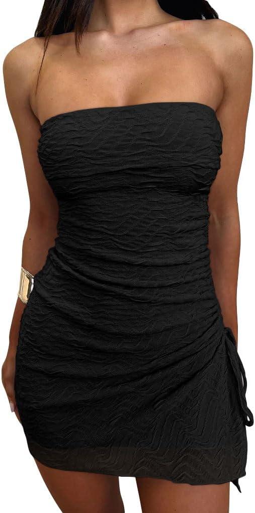 GOKATOSAU Women's Floral Strapless Fold Over Neckline Split Drawstring Bodycon Ruched Mini Dress Black L