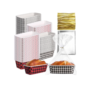 50 Sets Christmas Paper Loaf Pan 6.3 x 2.2 x 2.2 Inch Disposable Loaf Pan Liners with Clear Plastic Bags and Ties Paper Baking Pans Rectangle Baking Mold for Bread Cake Bakery(Plaid Style)