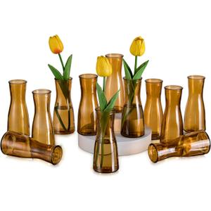 Glasseam Brown Glass Bud Vase: Small Set of 12 Mini Vases for Centerpieces, Flowers, Wedding Table, Dining Room Decoration - Modern Minimalist Cute Decorative Decor