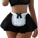 Foxiny Sexy Stockings Mini Skirt Mesh Sheer Lace Halloween Costume Maid Outfit Lingerie with Thong Set 4 Piece (Black), Small