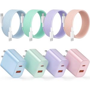 4-Pack for iPhone 15 16 17 Charger Fast Charging, 20W Dual Port Type C Charger Fast Charging Colorful USB C Charger Block with 6FT USB C to C Cable for iPhone 17 Pro Max/16 Pro Max/15 Pro Max/iPad Pro