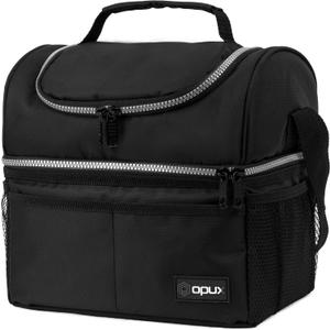OPUX Lunch Box For Men Women, Insulated Large Lunch Bag Adult Work, Double Decker Lunchbox Meal Prep, Dual Compartment Leakproof Lunch Cooler, Soft Lunch Pail Tote Boys Girls Kids School, Black 16 Can