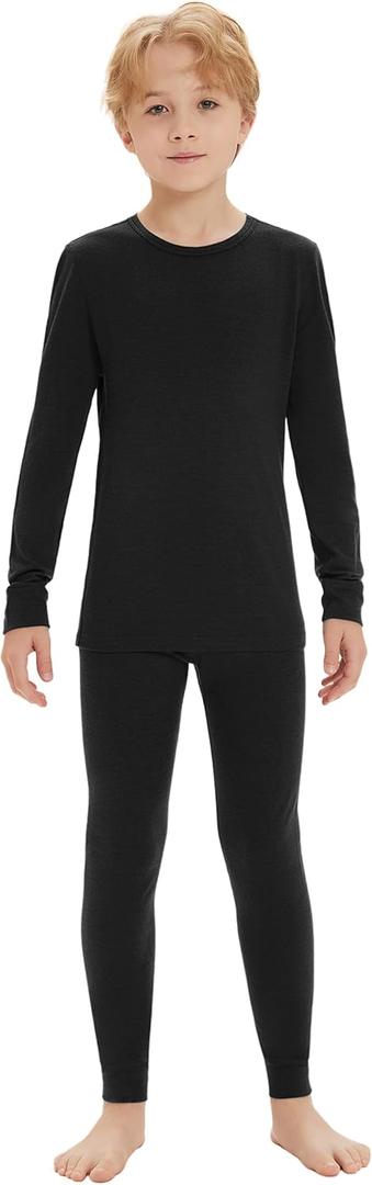 Iguana Unisex Kids 100% Merino Wool Base Layer Set Midweight Thermal Underwear Sets for Girls and Boys (7-8, Black)