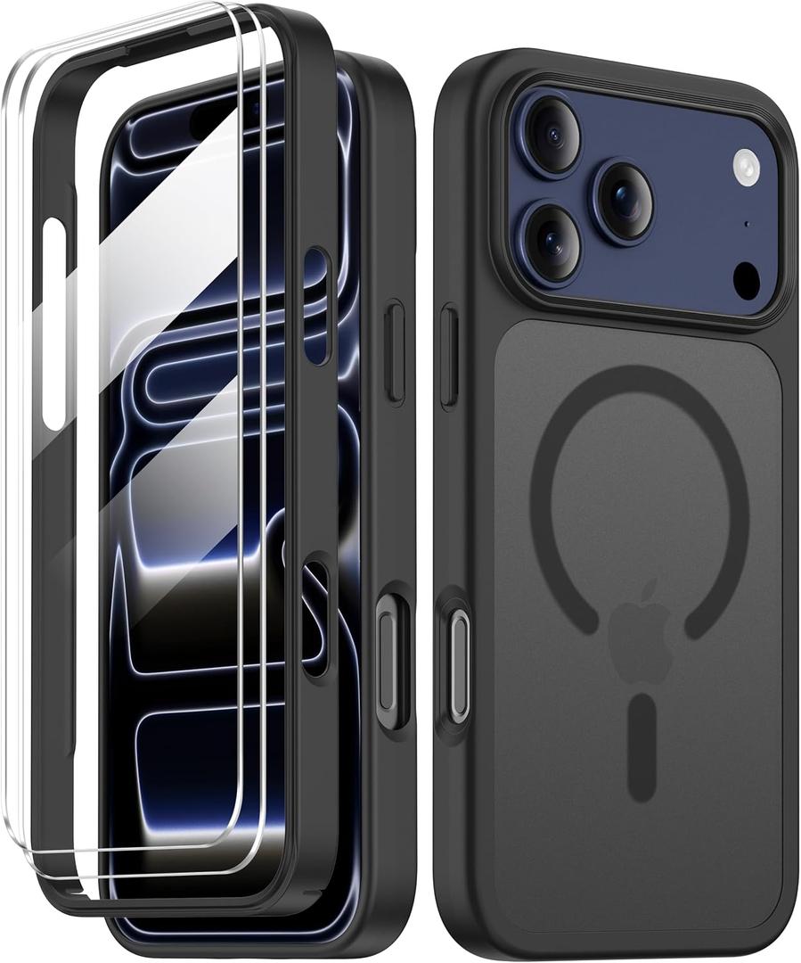 COOLQO for iPhone 17 Pro Case with Screen Protectors, Compatible with MagSafe, Military Grade 17FT Drop Protection, Shockproof Protective Dual-Layer Magnetic Translucent Matte Phone Cover, Black