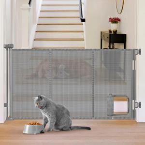 Reinforced 60” Wide Retractable Dog Gate with Cat Door Gates for Pets with Reinforced Strips 33” Tall Mesh Baby Gate Retractable Pet Gates for Dogs Indoor with Door Cats Can in and Out Freely, Gray