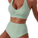Herseas Women's High Waisted 2 Piece Bikini Sets Halter Patch Pocket Swimsuits Striped Bathing Suit Beach Swimwear 2026 (Medium)