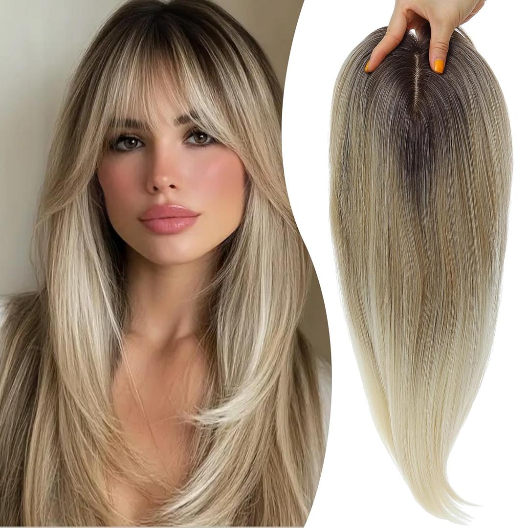 Synthetic Hair Topper with Bangs 18 Inch Layered Toppers for Women with Thinning Hair 5.5" x 5" hand Tied Forehead Hairline 360 3D Cover Wispy Synthetic Toppers Hair for Women Fiber Wiglets (Rooted Ash Blonde Mix Platinum)