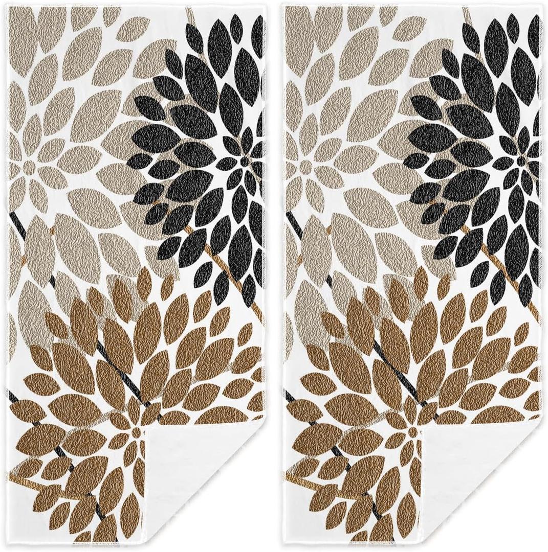 Brown Dahlia Flower Hand Towels Set of 2 Black and Grey Spring Floral Kitchen Towel Microfiber Seasonal Summer Holiday Farmhouse Decorative Towels 13.8"X29.1" for Bath Gym