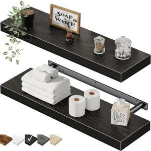 QEEIG Floating Shelves for Wall 23.6" Long - Wall Mounted Shelf Bathroom Kitchen Living Room Bedroom Farmhouse Home Decor Display Bookshelf Large 23.6 x 9.3 inch Set of 2, Black (008-60B)