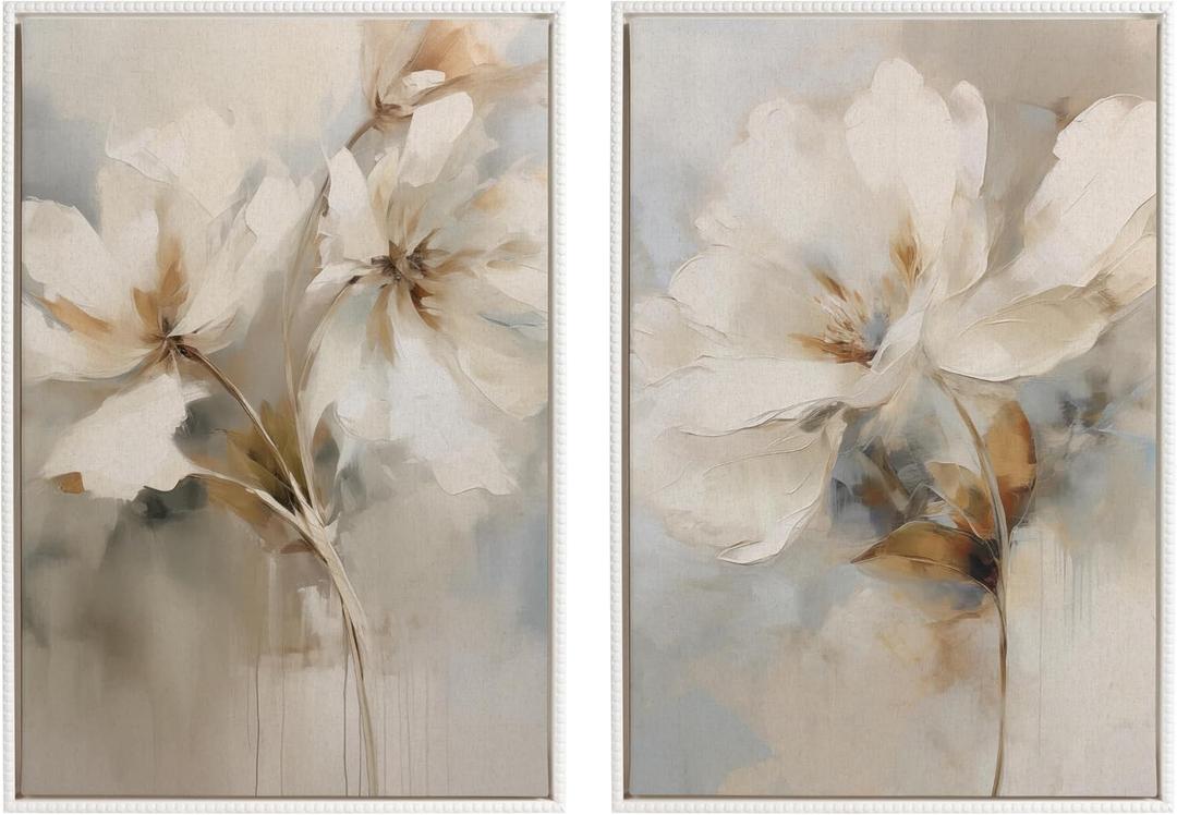 Kate and Laurel Sylvie Beaded Abstract Botanical Floral Linen Painting 1 and 2 Vintage Framed Canvas Wall Art Set by The Creative Bunch Studio, 2 Piece Set 23x33 White, Simple Floral Art for Wall