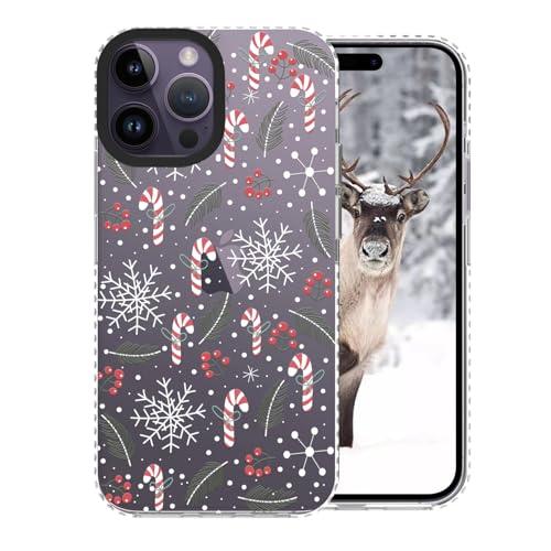 FOQENCCI Christmas Phone Case Compatible for iPhone 14 Pro Clear TPU + Black Camera Frame Protection Anit-Slip Shockproof Phone Cover with Xmas Candy Cane Wreath Print Design