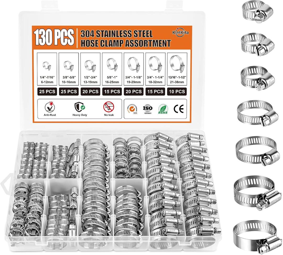 Hose Clamp Assortment Kit 130 PCS, 304 Stainless Steel Hose Clamps 1/4''–1-1/2'' Worm Gear Clamps Pipe Clamp for Auto, Radiator, Fuel Line, Duct,Tube